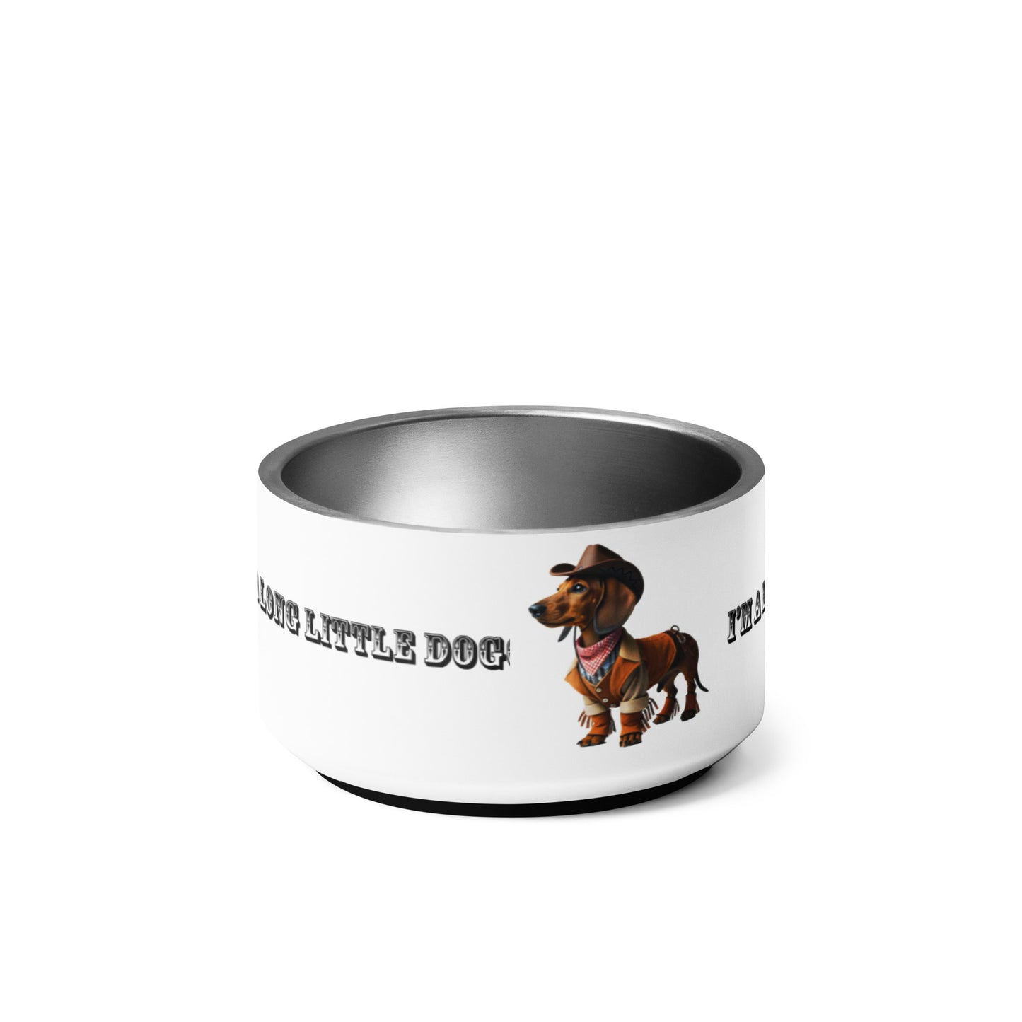 18 oz. stainless steel pet bowl, "Cowboy" dachshund graphic