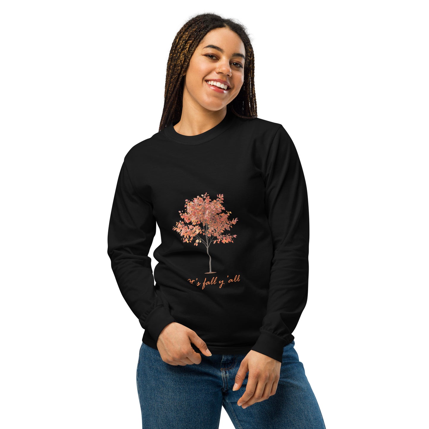 Black long-sleeve shirt with a tree graphic and"It's fall, y'all"