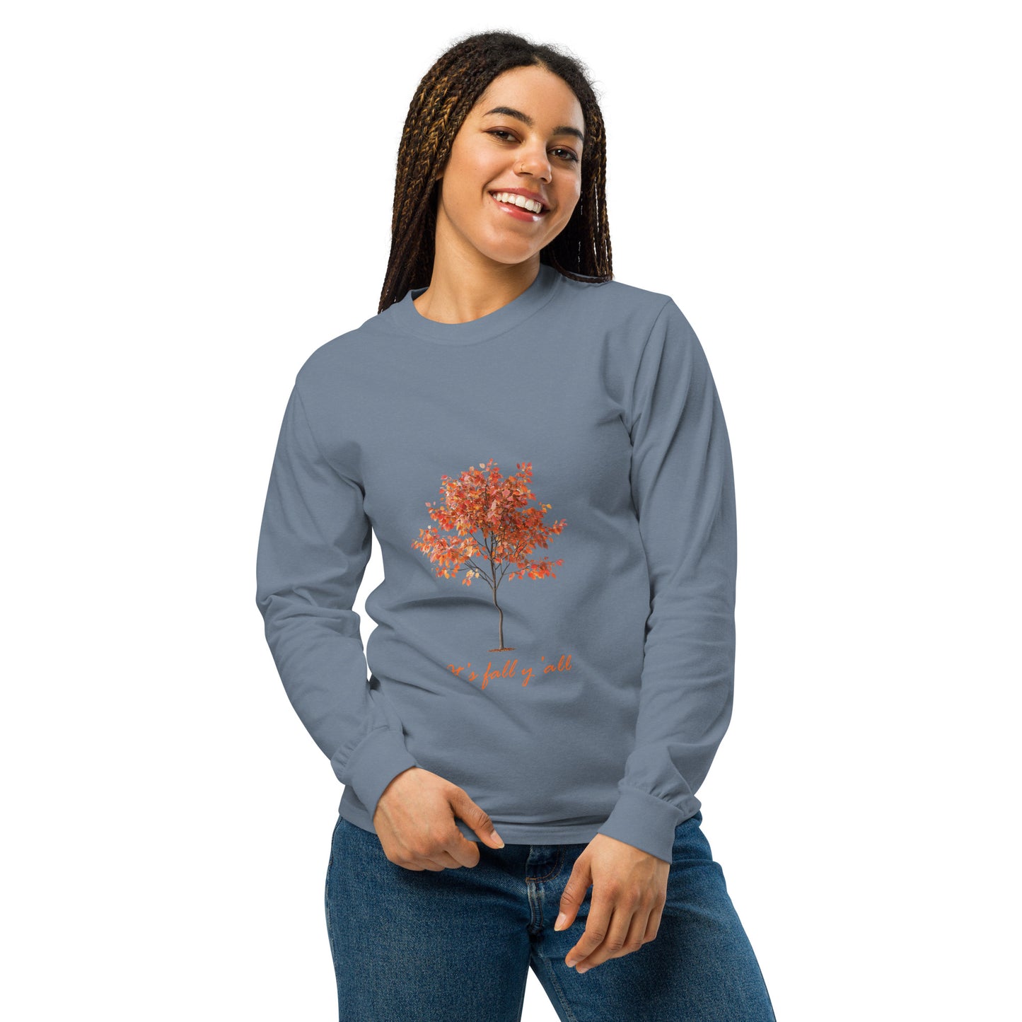 Blue long-sleeve shirt with a tree graphic and"It's fall, y'all"