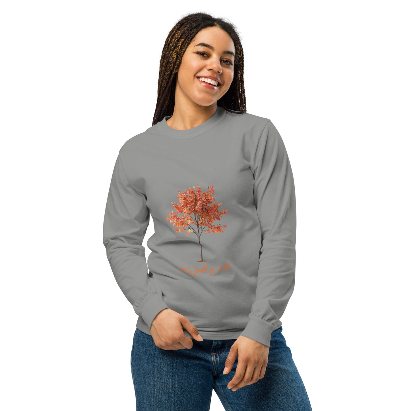 Gray long-sleeve shirt with a tree graphic and"It's fall, y'all"