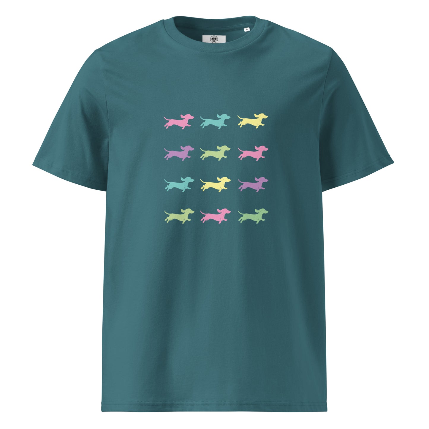 Teal unisex organic cotton t-shirt with dachshund silhouettes in assorted colors