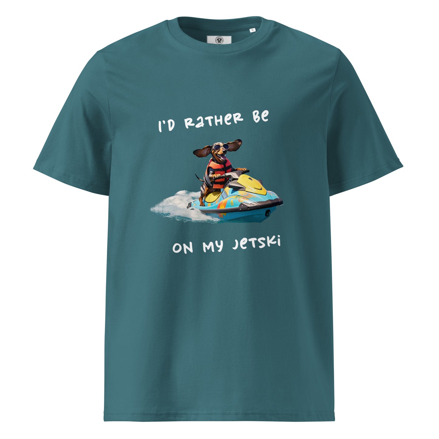 Teal unisex organic cotton t-shirt with dachshund on a jetski graphic "I'd rather be on my jetski"
