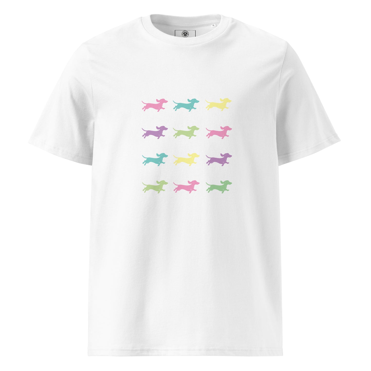 White unisex organic cotton t-shirt with dachshund silhouettes in assorted colors