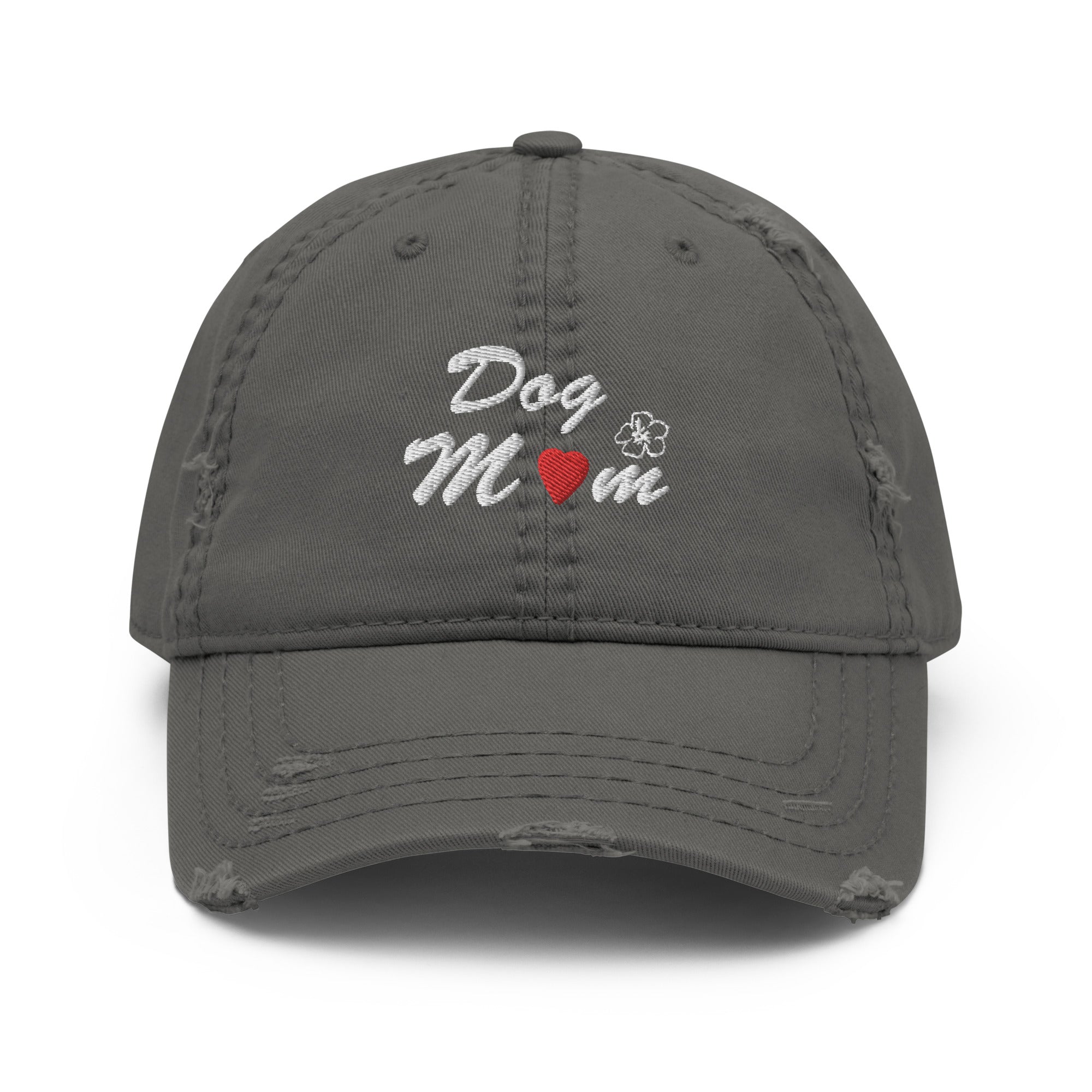 Gray distressed hat with Dog Mom, heart and flower