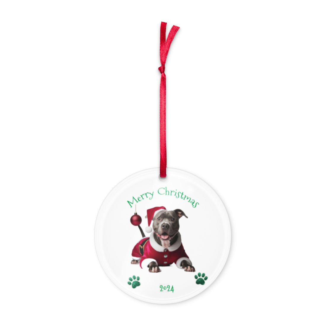 round clear acrylic ornament with pit bull in Santa suit 2024