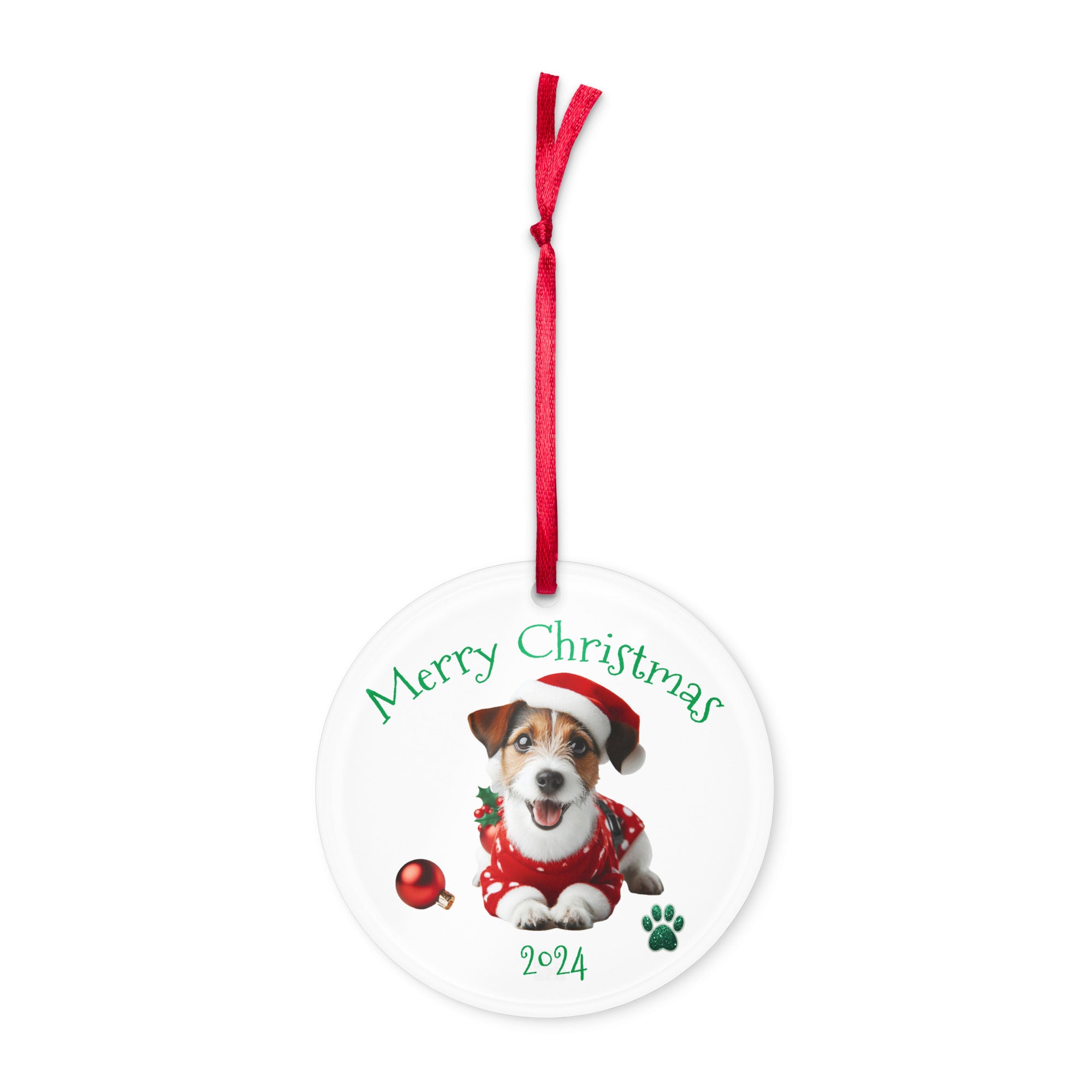 r round acrylic ornament adorned with a happy Jack Russell wearing a Santa suit 2024