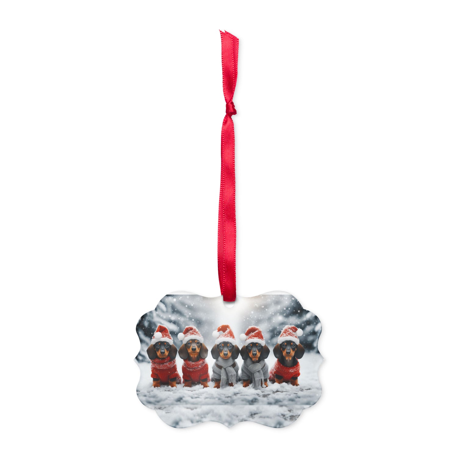 row of dachshund puppies in santa hats and sweaters scalloped clear acrylic ornament