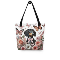 polyester tote bag with dachshund among flowers and butterflies design, black handle