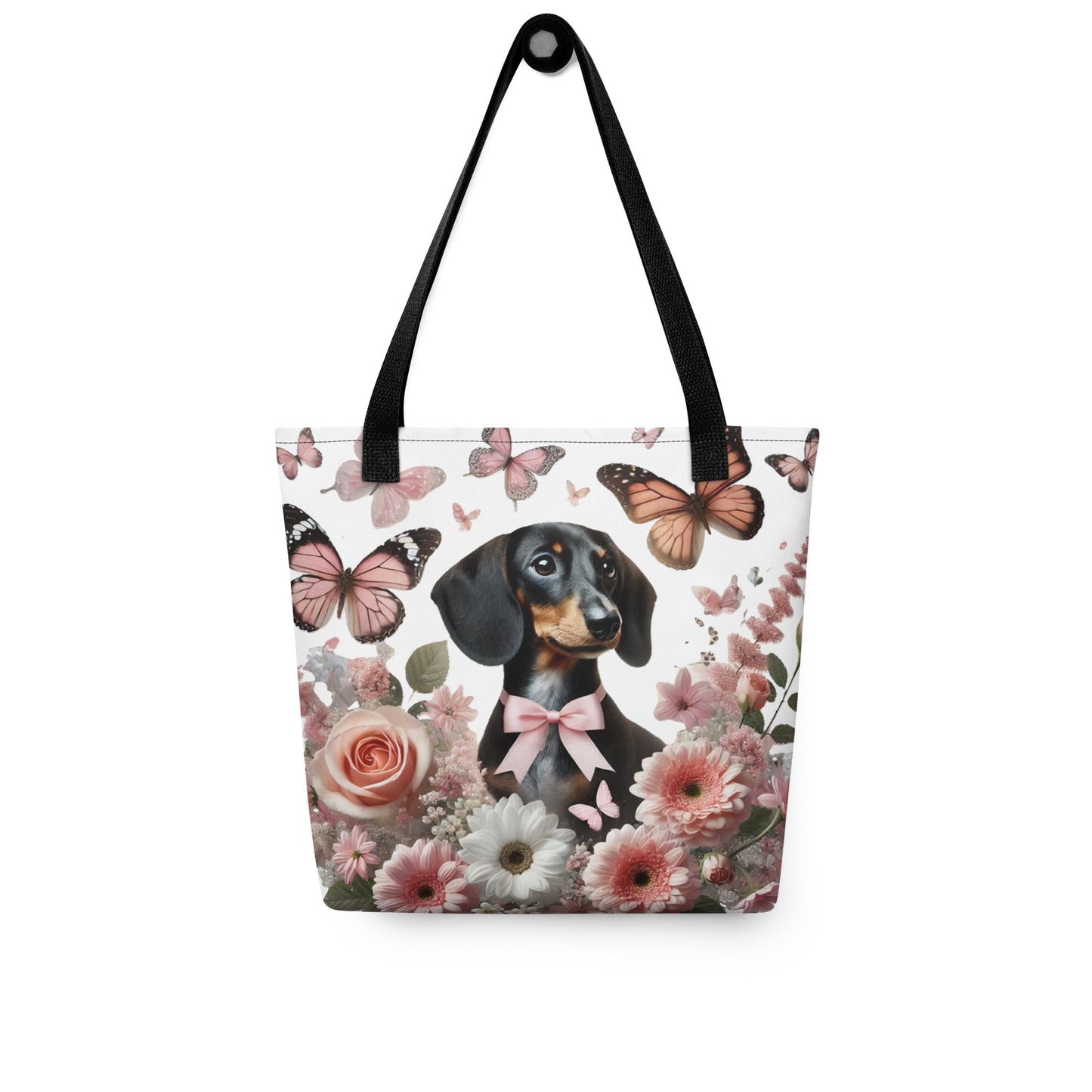 polyester tote bag with dachshund among flowers and butterflies design, black handle