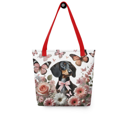 polyester tote bag with dachshund among flowers and butterflies design, red handle