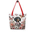 polyester tote bag with dachshund among flowers and butterflies design, red handle