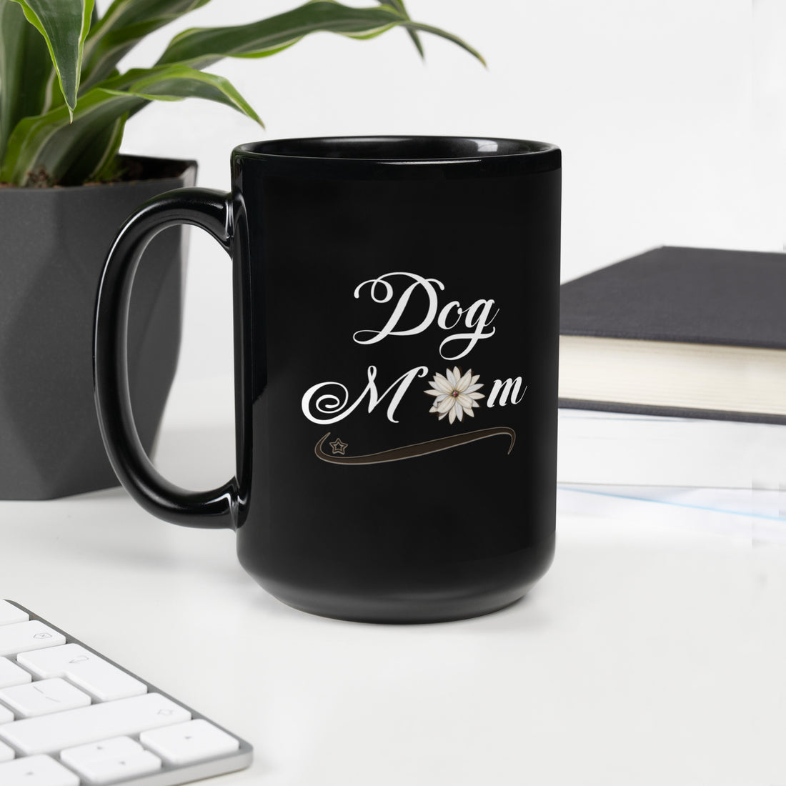 black ceramic mug with original Dog Mom design 15 oz.