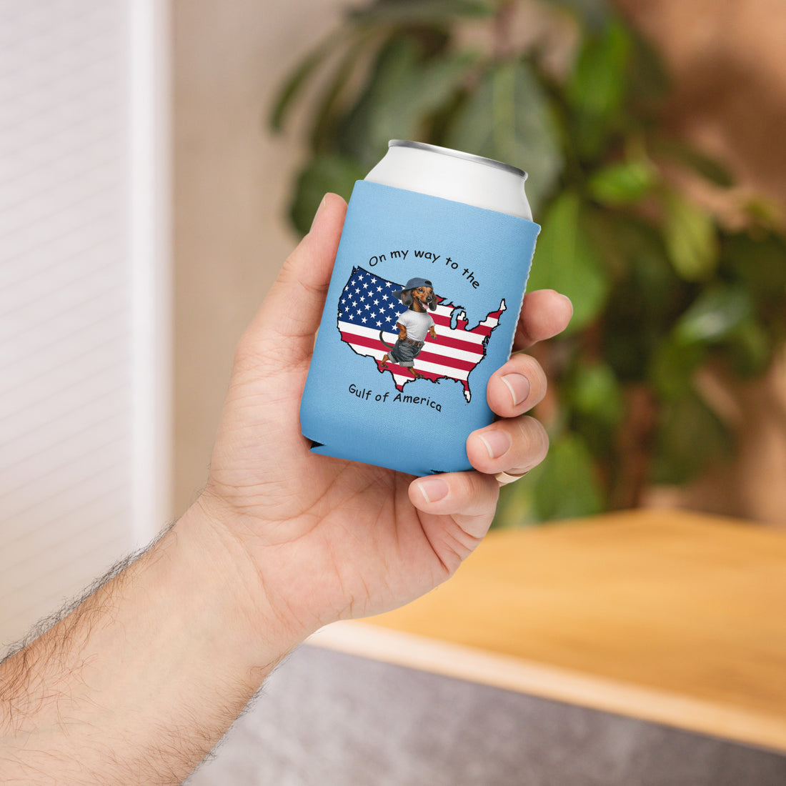 12 oz. Neoprene koozie with Gulf of America and dachshund graphic