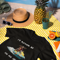 Black unisex organic cotton t-shirt with dachshund on a jetski graphic "I'd rather be on my jetski"