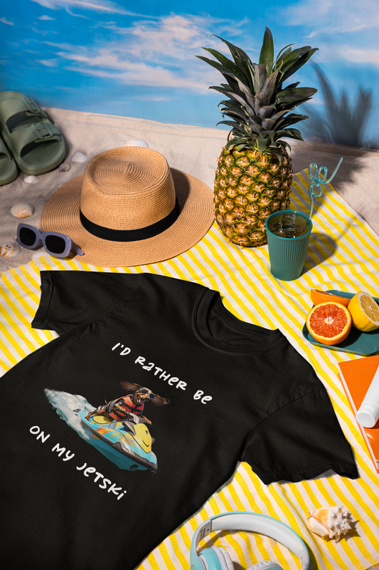 Black unisex organic cotton t-shirt with dachshund on a jetski graphic "I'd rather be on my jetski"