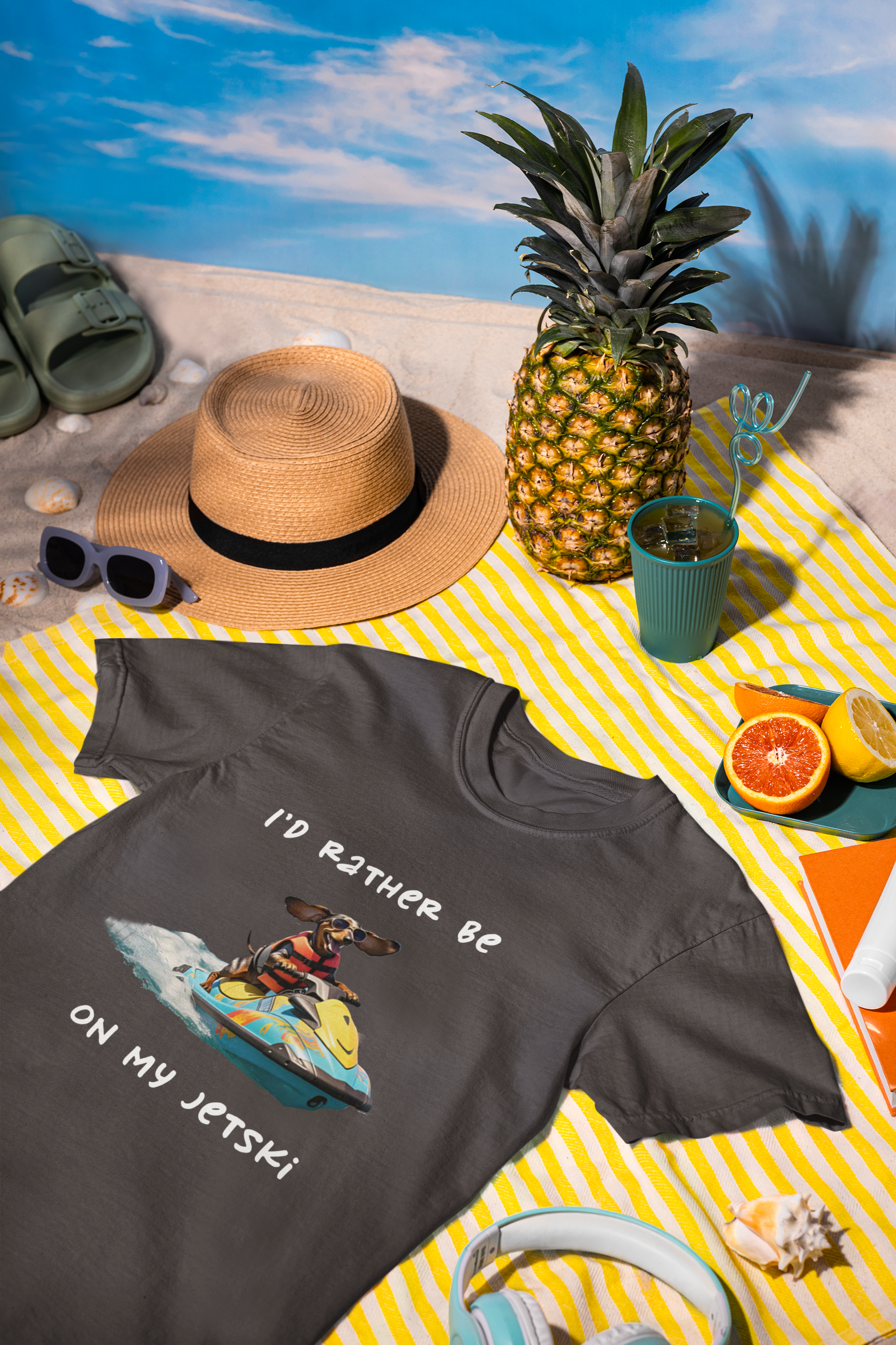 Dark gray unisex organic cotton t-shirt with dachshund on a jetski graphic "I'd rather be on my jetski"