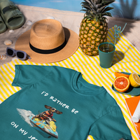 Teal unisex organic cotton t-shirt with dachshund on a jetski graphic "I'd rather be on my jetski"