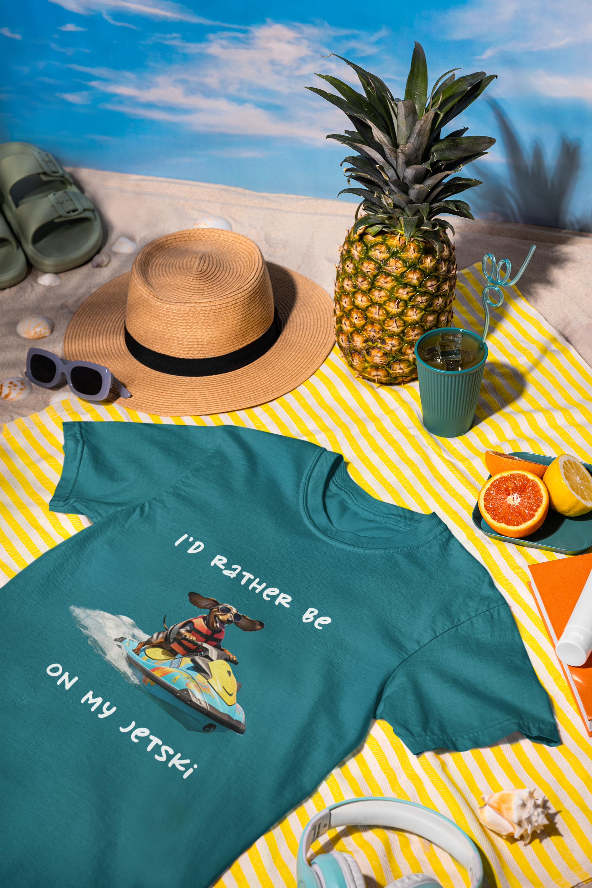 Teal unisex organic cotton t-shirt with dachshund on a jetski graphic "I'd rather be on my jetski"