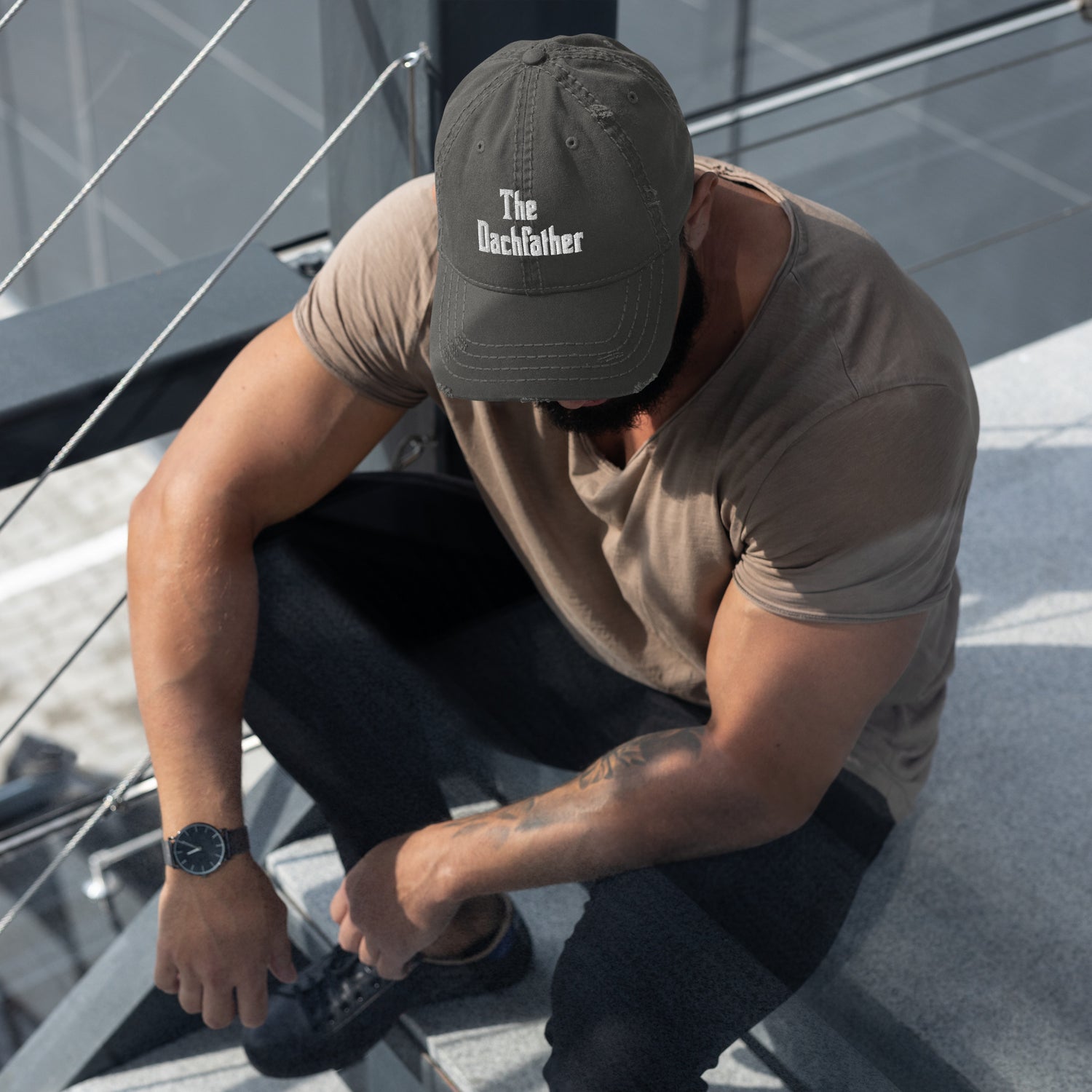 distressed hat with &quot;The Dachfather&quot; graphic - lt. gray