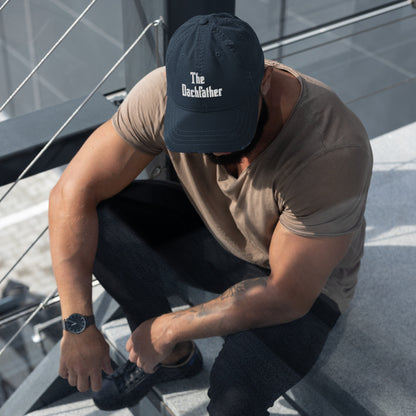 distressed hat with &quot;The Dachfather&quot; graphic - navy blue
