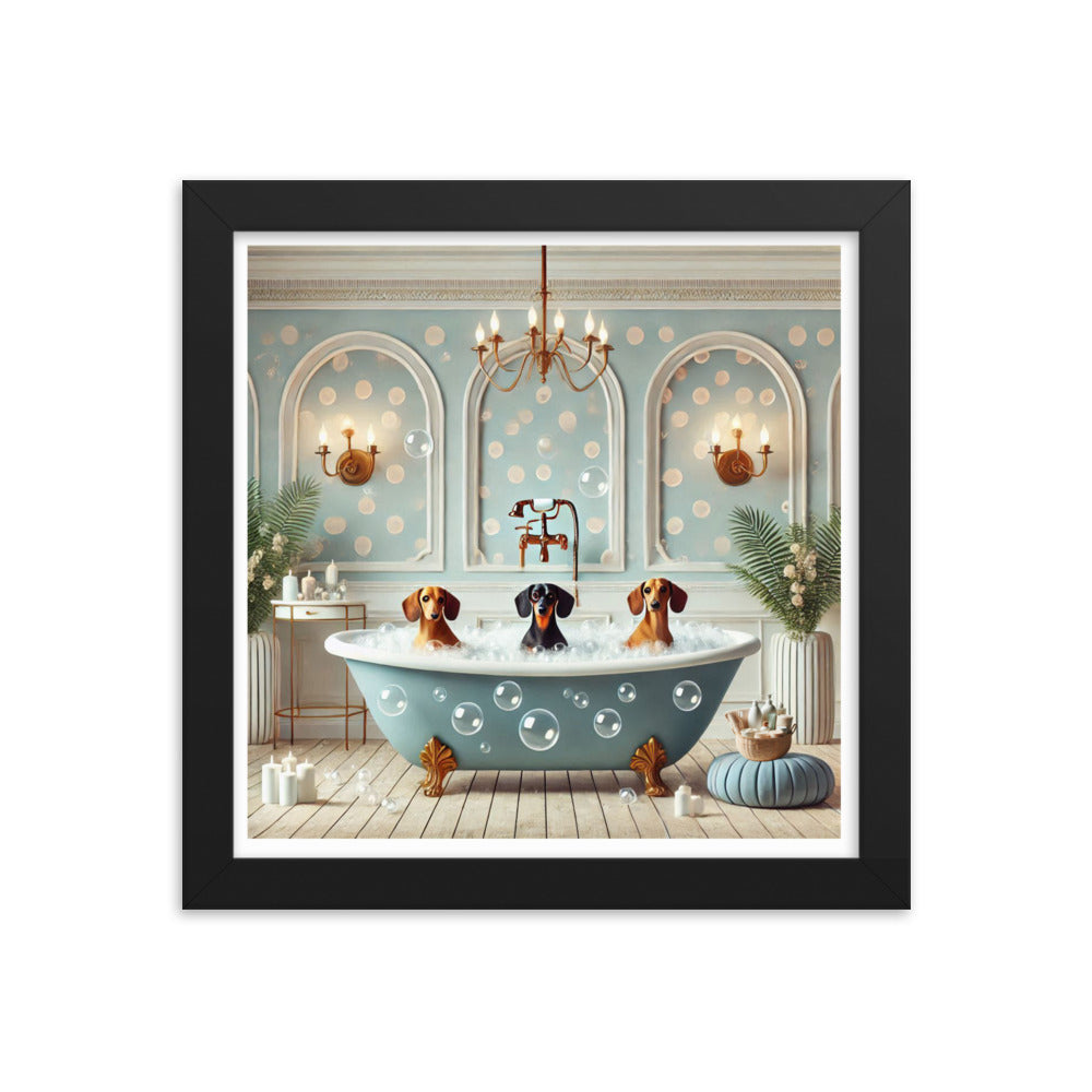 10x10&quot; framed wall art - 3 dachshunds in a bubble bath
