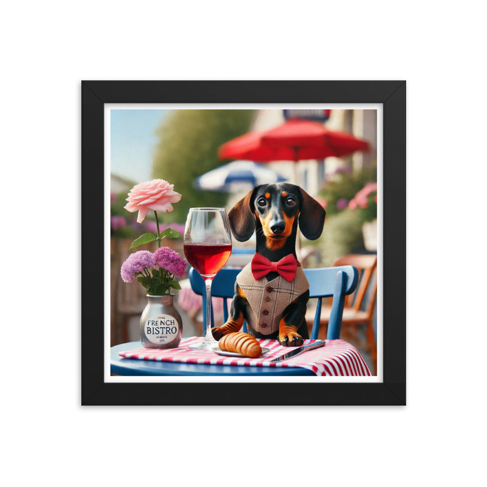 framed print of dachshund having wine at a French bistro 10x10&quot;