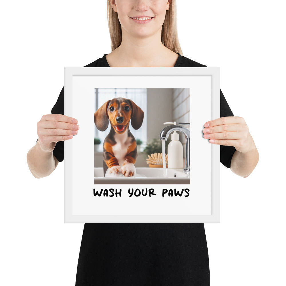 Wash your paws framed art print - 14 x 14&quot; white wood frame