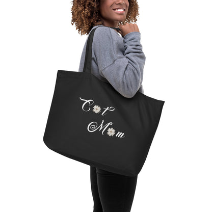large organic shopping tote bag  with cat mom design - black