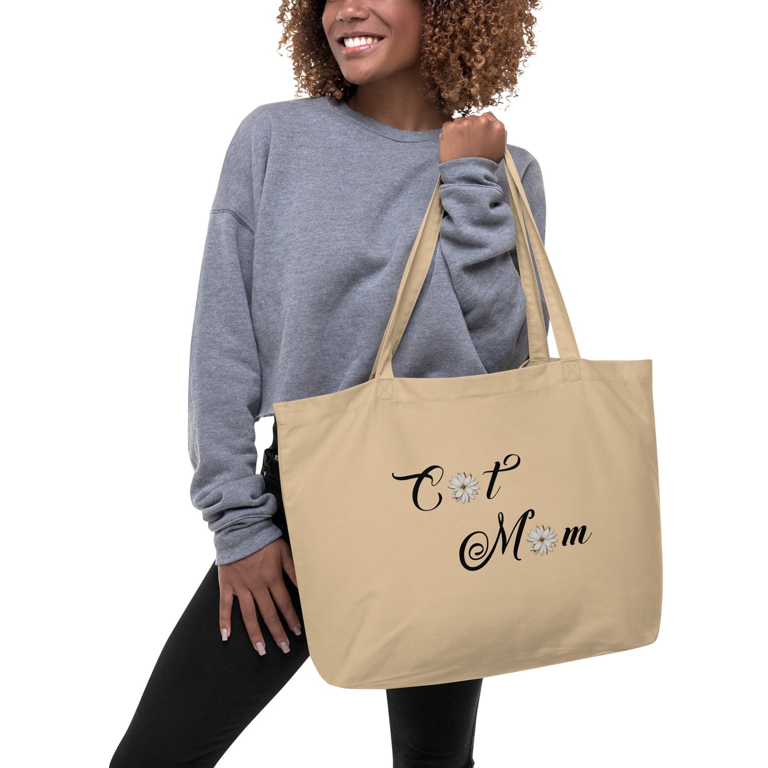 large organic shopping tote bag  with cat mom design - tan