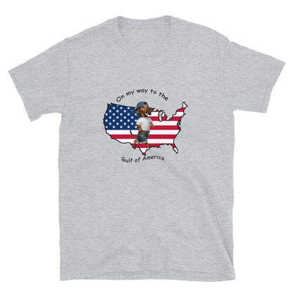 gray unisex t-shirt with dachshund on his way to the Gulf of America