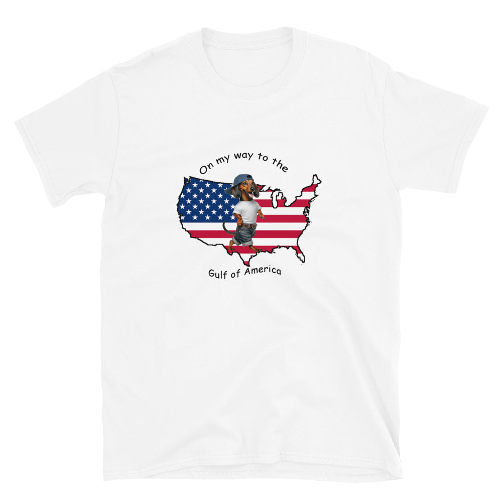 white unisex t-shirt with dachshund on his way to the Gulf of America