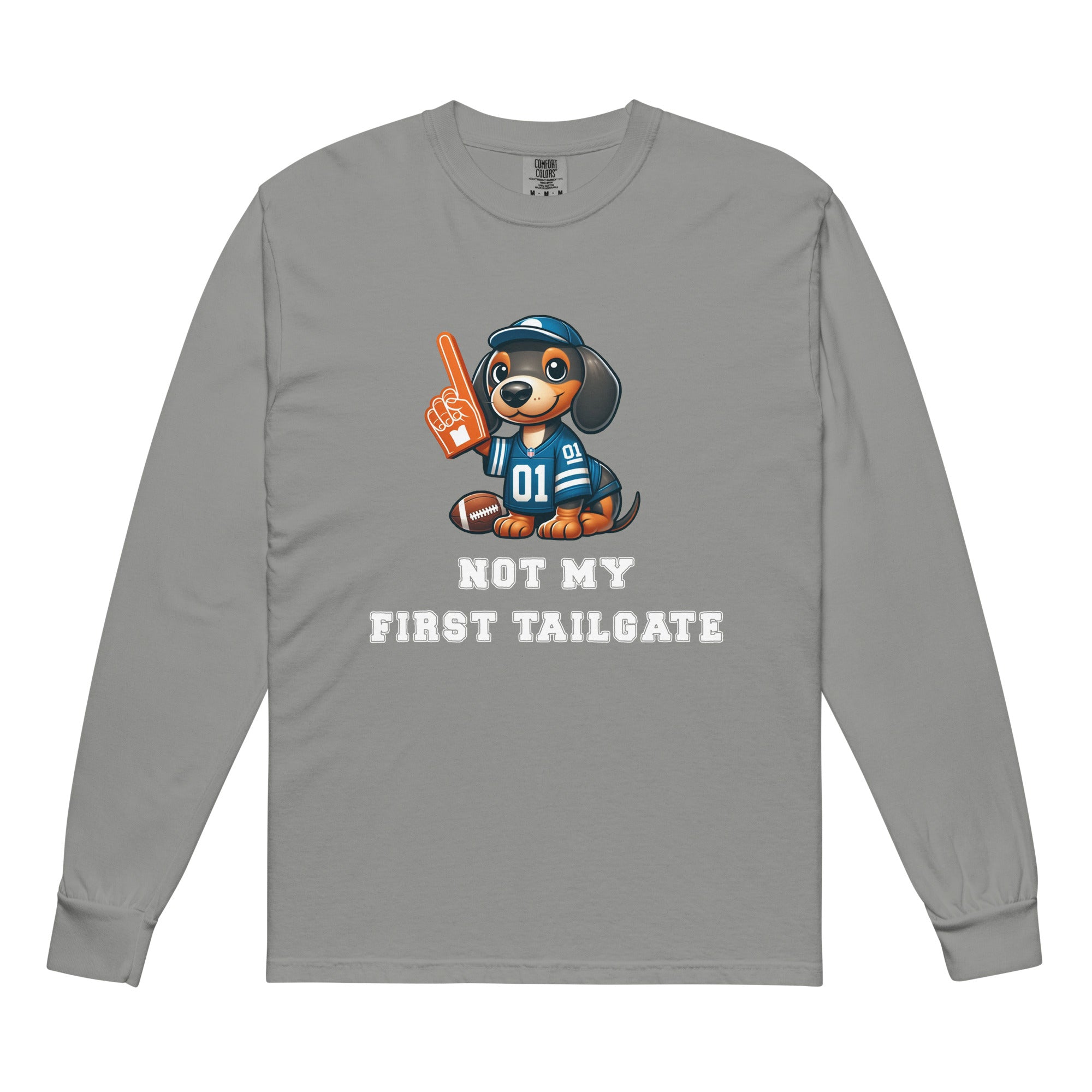 Gray long-sleeve shirt with a dachshund graphic and "not my first tailgate" 