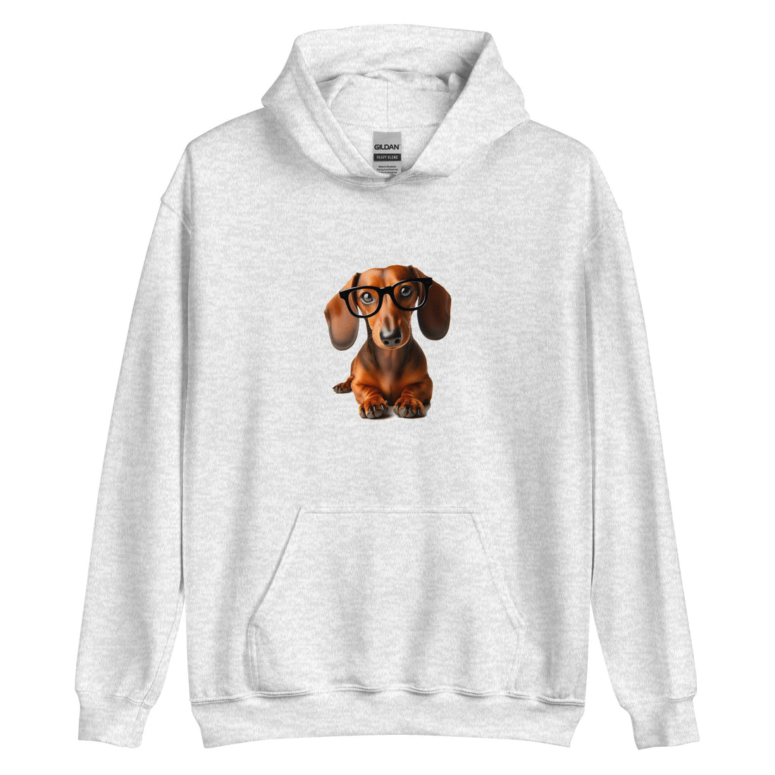 lt. gray unisex hoodie with  dachshund wearing glasses