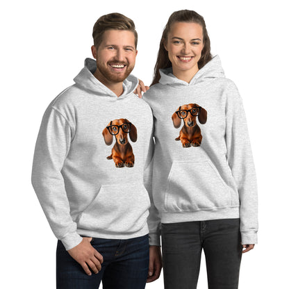 lt. gray  unisex hoodie with  dachshund wearing glasses