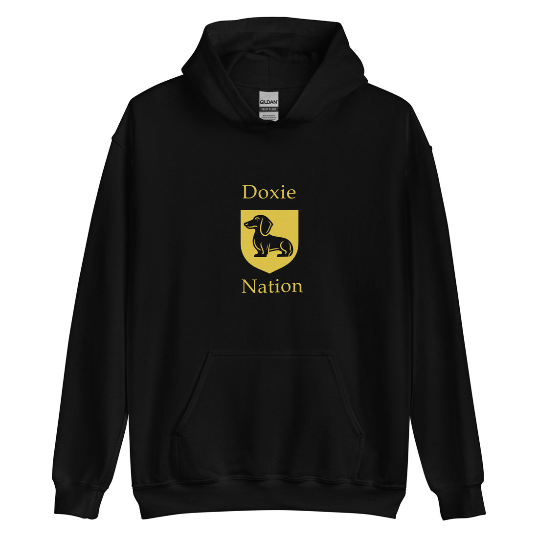 Black hoodie with Doxie Nation coat of arms