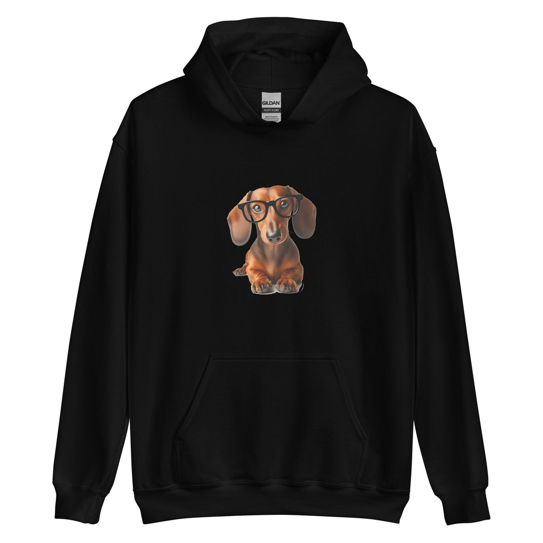 black unisex hoodie with  dachshund wearing glasses