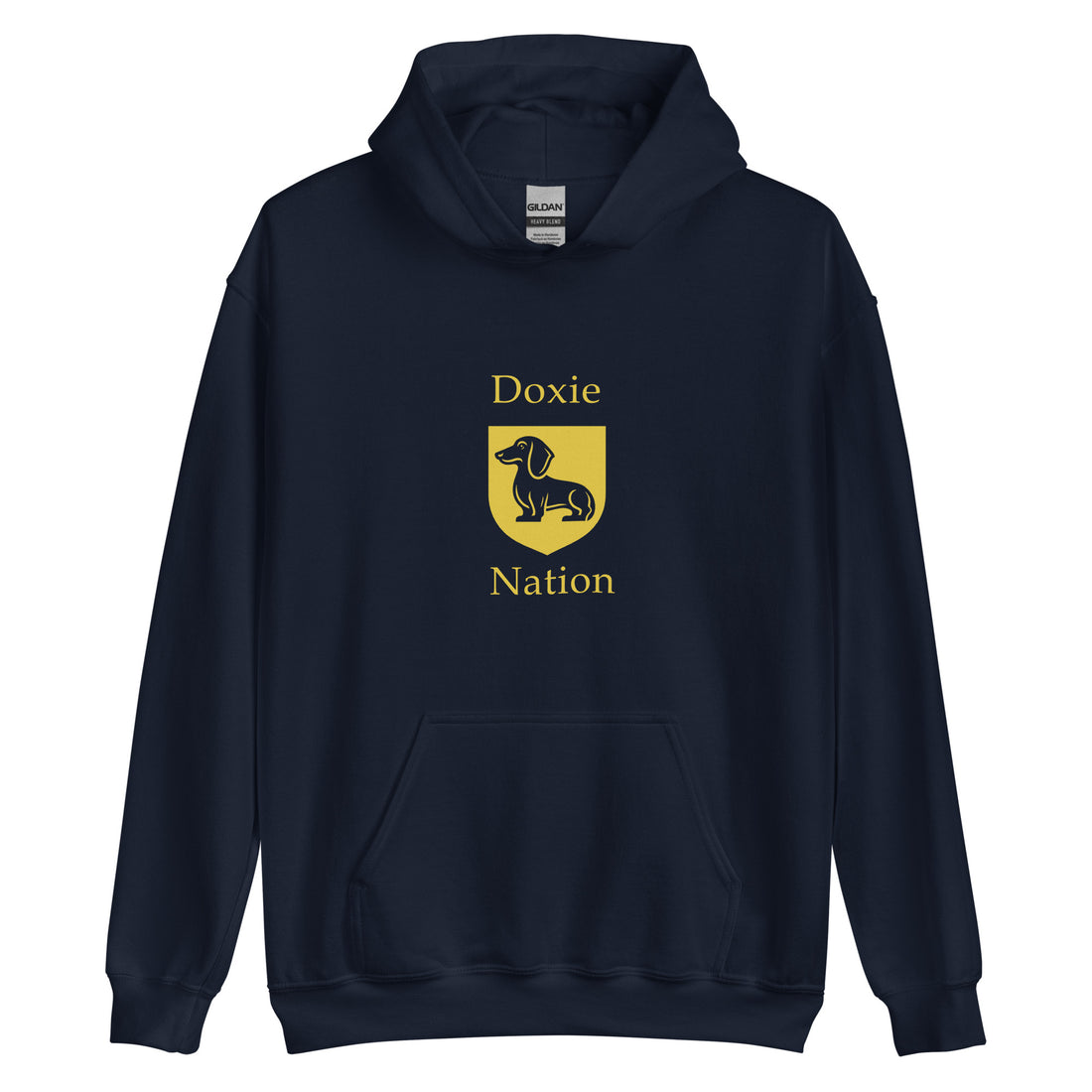 Navy blue  hoodie with Doxie Nation coat of arms