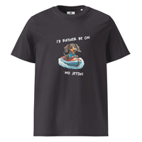 Dark gray  unisex organic cotton t-shirt with "I'd rather be on my jetski" and dachshund on jetski graphic