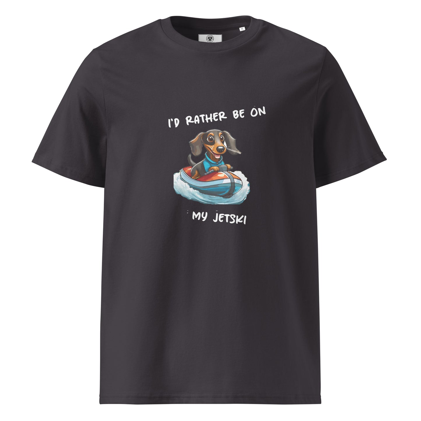 Dark gray  unisex organic cotton t-shirt with "I'd rather be on my jetski" and dachshund on jetski graphic