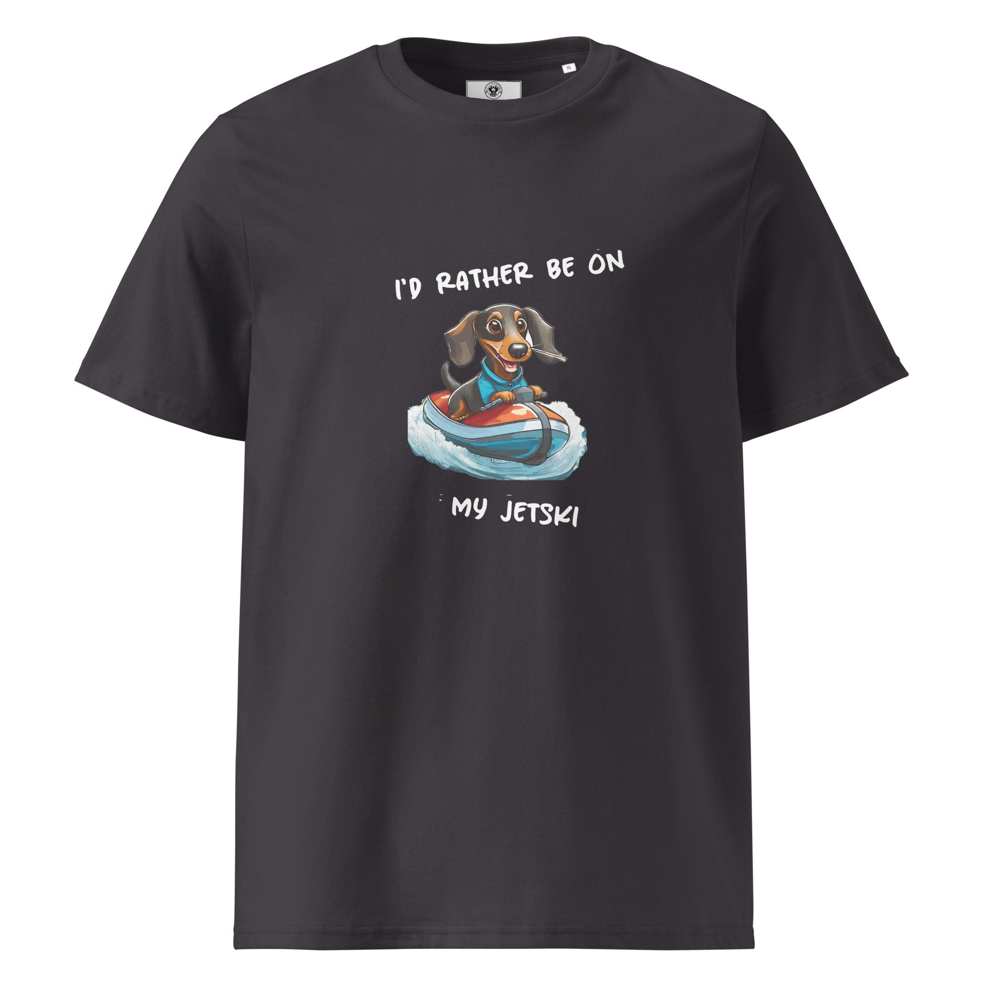Dark gray  unisex organic cotton t-shirt with "I'd rather be on my jetski" and dachshund on jetski graphic
