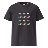 Dark gray  unisex organic cotton t-shirt with dachshund silhouettes in assorted colors