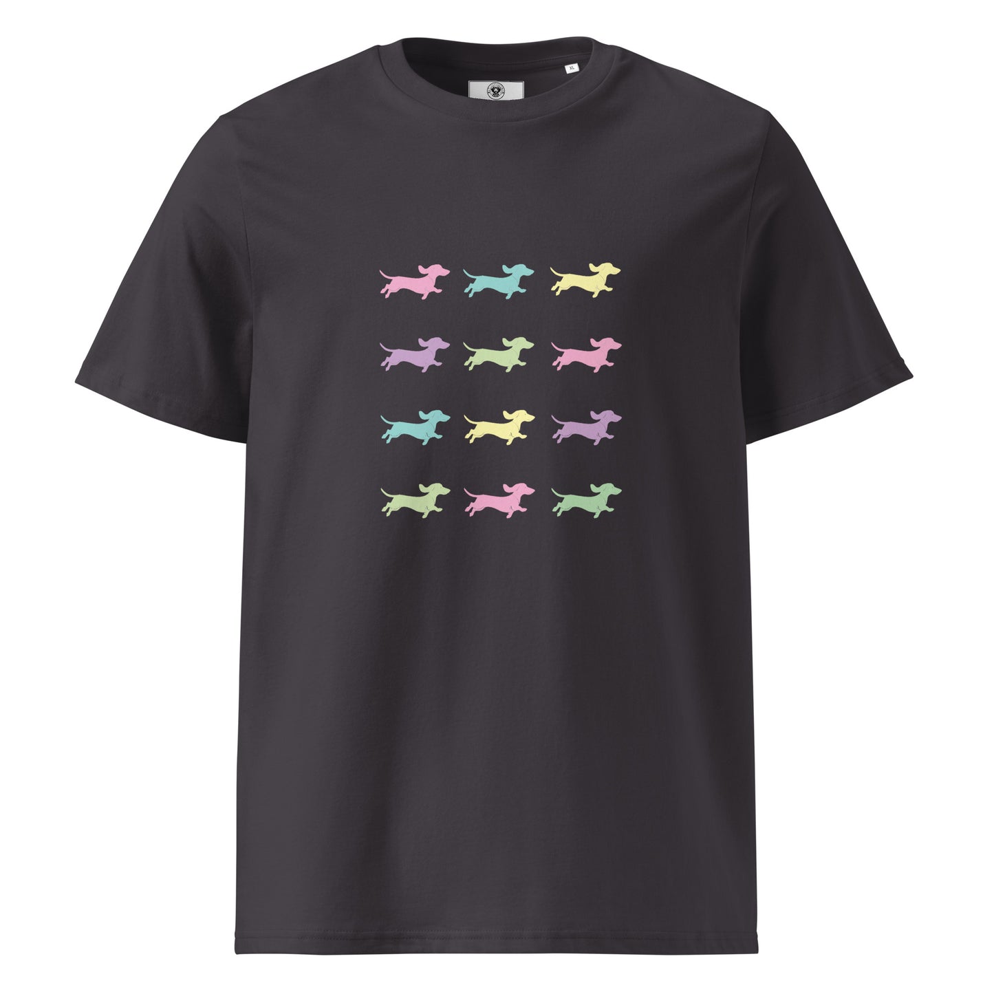 Dark gray  unisex organic cotton t-shirt with dachshund silhouettes in assorted colors