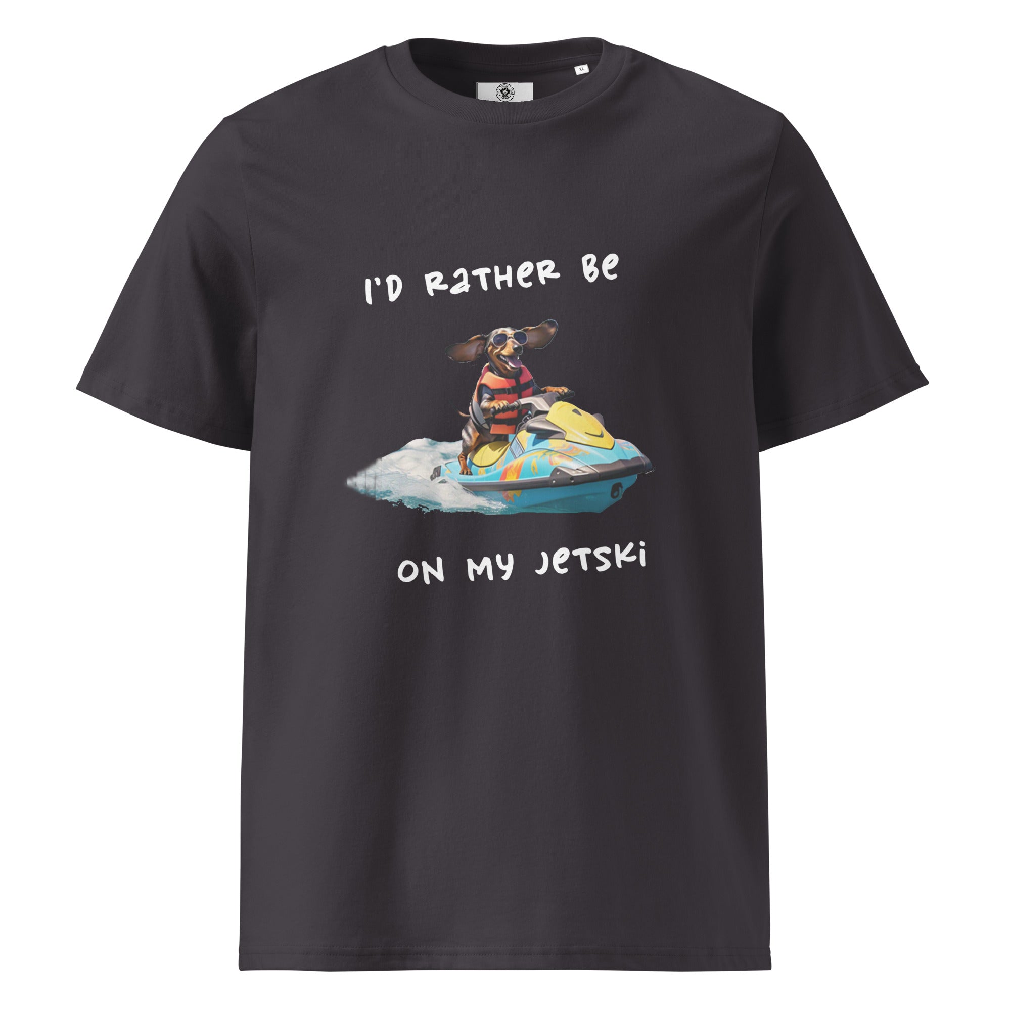 Dark gray unisex organic cotton t-shirt with dachshund on a jetski graphic "I'd rather be on my jetski"