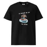 Black unisex organic cotton t-shirt with "I'd rather be on my jetski" and dachshund on jetski graphic