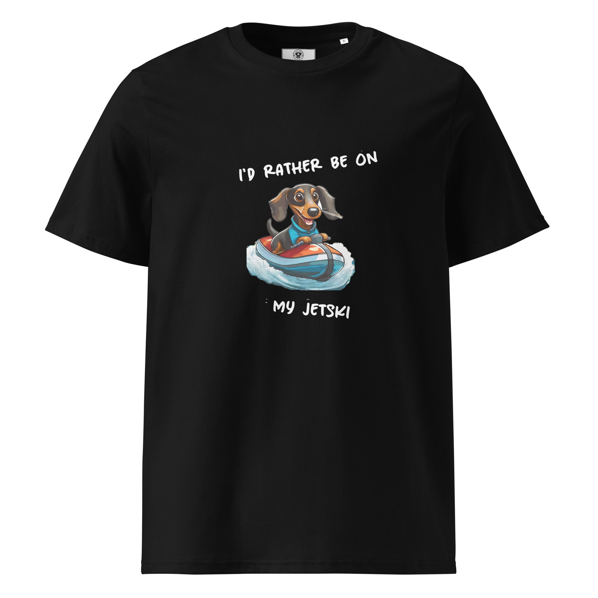 Black unisex organic cotton t-shirt with "I'd rather be on my jetski" and dachshund on jetski graphic