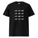 Black unisex organic cotton t-shirt with dachshund silhouettes in assorted colors