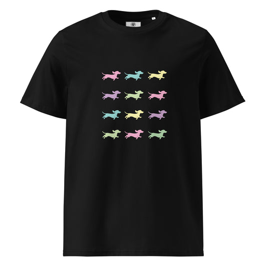 Black unisex organic cotton t-shirt with dachshund silhouettes in assorted colors