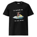 Black unisex organic cotton t-shirt with dachshund on a jetski graphic 