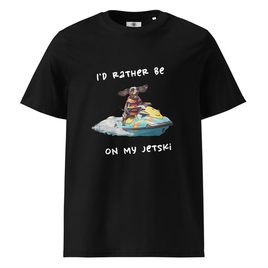 Black unisex organic cotton t-shirt with dachshund on a jetski graphic "I'd rather be on my jetski"