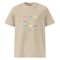Tan  unisex organic cotton t-shirt with dachshund silhouettes in assorted colors